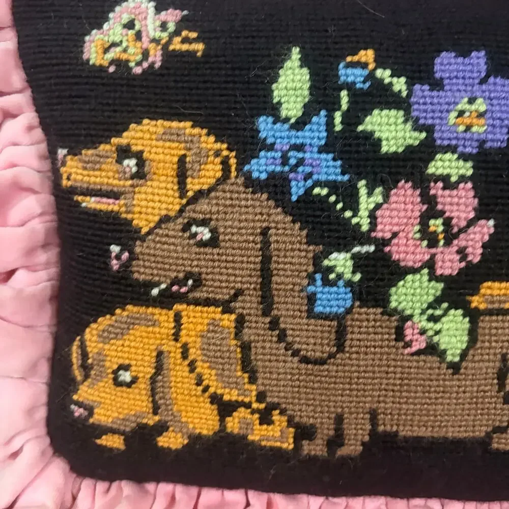 Grandmillennial Dachshund Needlepoint Accent Pillow Pink Velvet Ruffle Handmade
